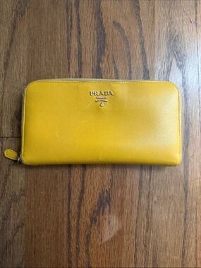 Prada Yellow Saffiano Zip Wallet with Gold Logo
